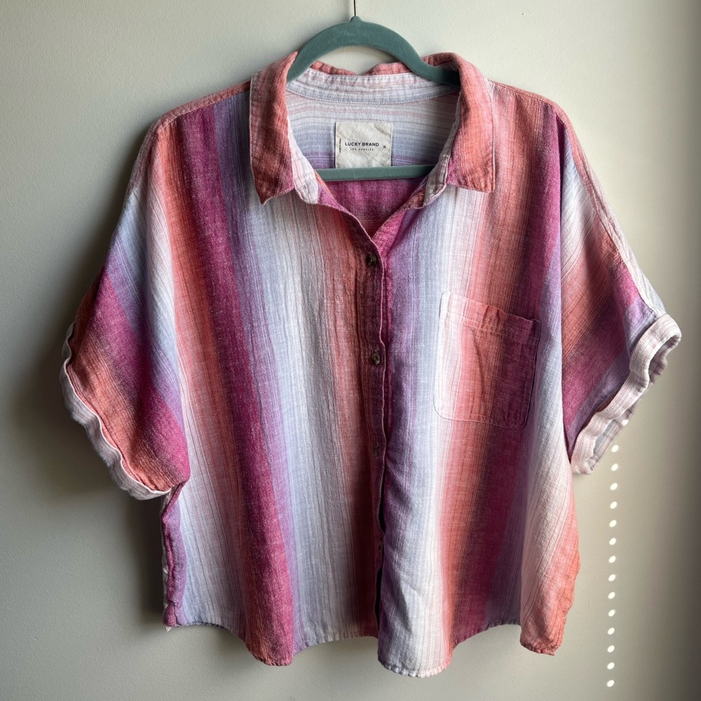 Lucky Brand Striped Linen Blend Button Up Top